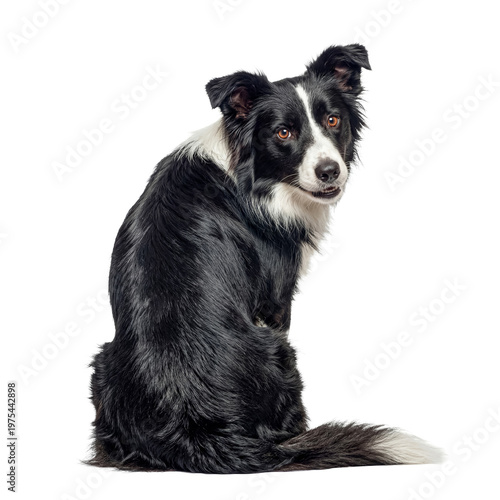 Foto Photograph of an intelligent black and white Border Collie dog, sitting, looking back at the camera