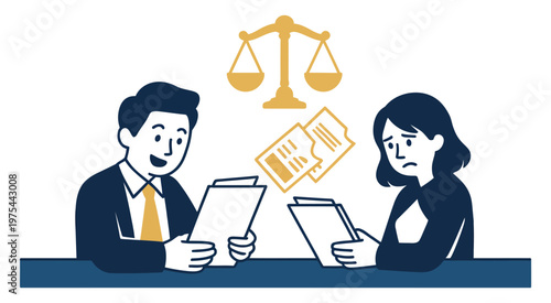 Lawyer explaining legal documents and processes to a concerned female client during consultation, professional office setting, legal advice and client meeting concept, high quality detailed modern vec