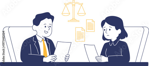 Lawyer explaining legal documents and processes to a concerned female client during consultation, professional office setting, legal advice and client meeting concept, high quality detailed modern vec