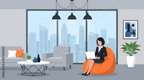 A professional businesswoman in a dark suit comfortably types on her laptop while relaxing on a bright orange beanbag chair in a modern, stylish lounge area overlooking a sprawling urban city skyline