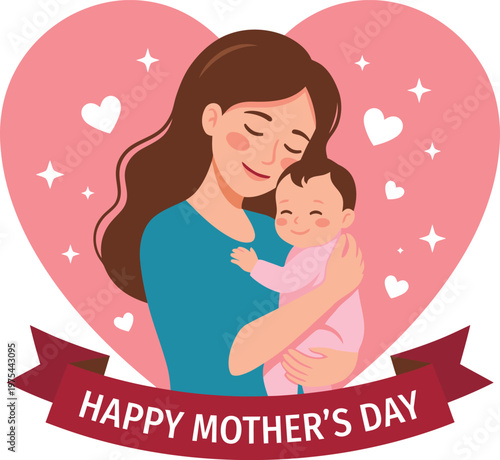 Mothers day illustration of a woman holding a baby in front of a pink heart with white stars and hearts