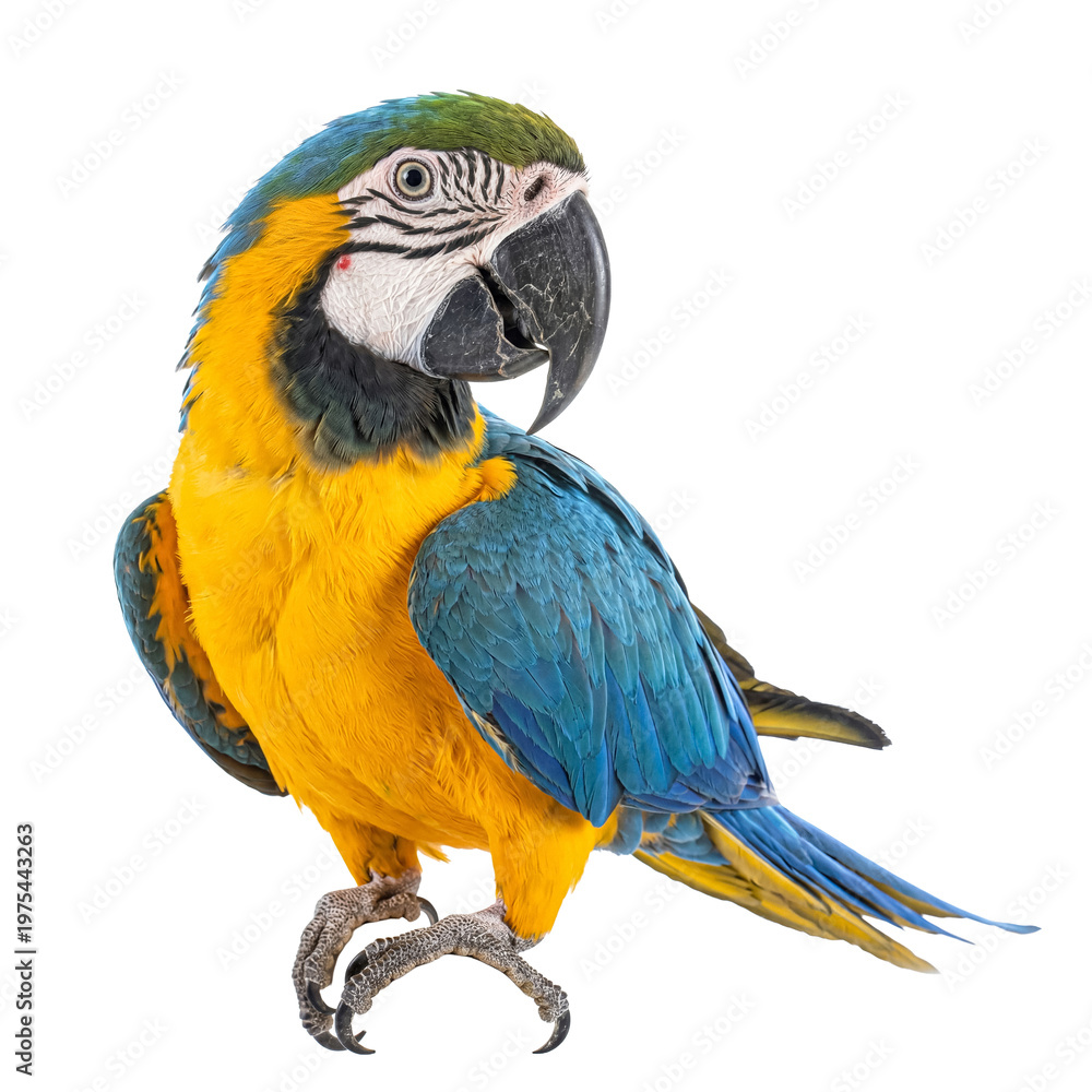 Fototapeta premium A detailed close-up of a blue and yellow macaw showcasing its intelligent gaze and vibrant plumage.