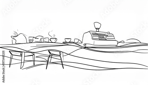 Cafe scene sketch - Table, chairs, cash register, and tea set.