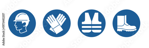 PPE required caution sign, personal protective equipment icons set for industry and construction working areas, featuring isolated vector symbols such as helmets, gloves, goggles, masks, 