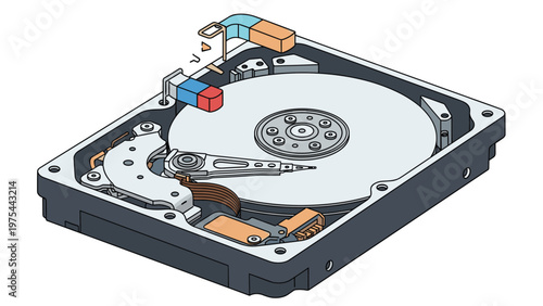Isometric internal view of a hard disk drive hdd with visible platters and read write heads, representing computer storage tech.