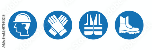 PPE required caution sign, personal protective equipment icons set illustrating mandatory safety gear for construction and industrial environments, presented as a cohesive vector collection 