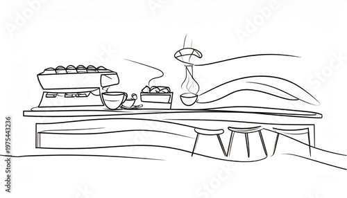 Cafe scene with food and drinks on a counter with stools.