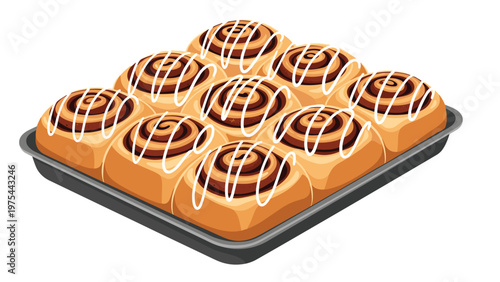 Tray of freshly baked cinnamon rolls with sweet white icing glaze, perfect for bakery menus, breakfast, and comfort food themes.
