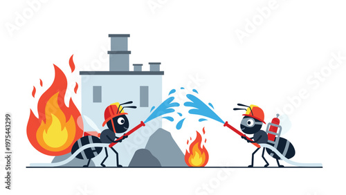 Two cartoon ants acting as brave firefighters using water hoses to extinguish flames in front of a building, representing teamwork.