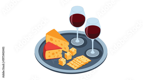Delicious cheese platter featuring crackers and two glasses of red wine on a tray, ideal for wine tasting or social gathering themes.