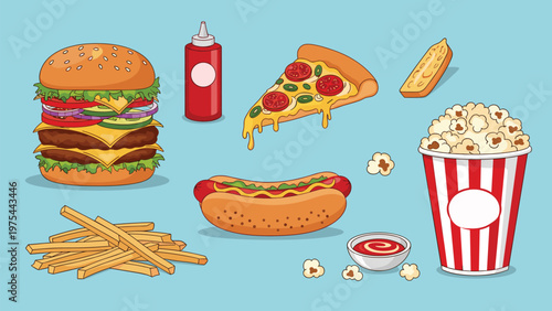 Colorful assortment of popular fast food items including a double cheeseburger, hot dog, pizza slice, fries, and popcorn.