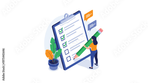 Woman marking tasks on a giant checklist with a large pencil, representing organization, project management, and productivity.