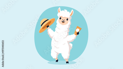Cute cartoon llama character holding a straw hat and a tube of sunscreen, getting ready for a sunny summer beach day.