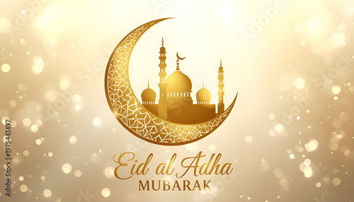 A golden Eid al Adha Mubarak greeting card with a mosque and crescent moon