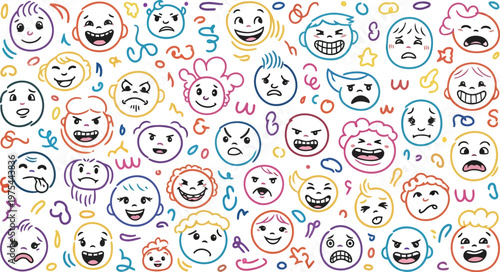 Colorful hand drawn doodle faces showing various fun expressions