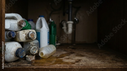 Chemical waste and toxic storage hazard in dark kitchen cabinet. Featuring leaking old plastic bottles with corrosive liquid on rotting wood. Perfect for safety awareness and pollution concepts.