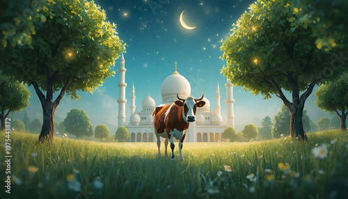 A serene cow stands in a lush green field with a majestic white mosque in the background under a starry night sky.