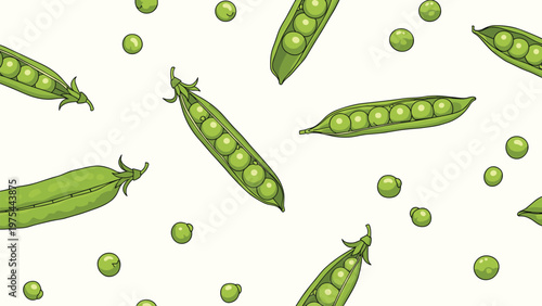 Charming seamless pattern featuring scattered green pea pods and individual peas on a light cream-colored background.