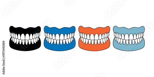 Colored dental dentures with white teeth black  in white background