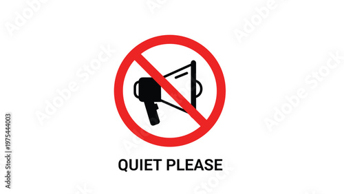 Clear Quiet Please signage featuring a megaphone icon inside a red prohibition circle to request silence in public areas.