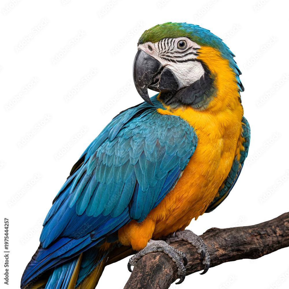 Fototapeta premium A magnificent blue and yellow macaw gazing thoughtfully while perched on a rustic branch, isolated.