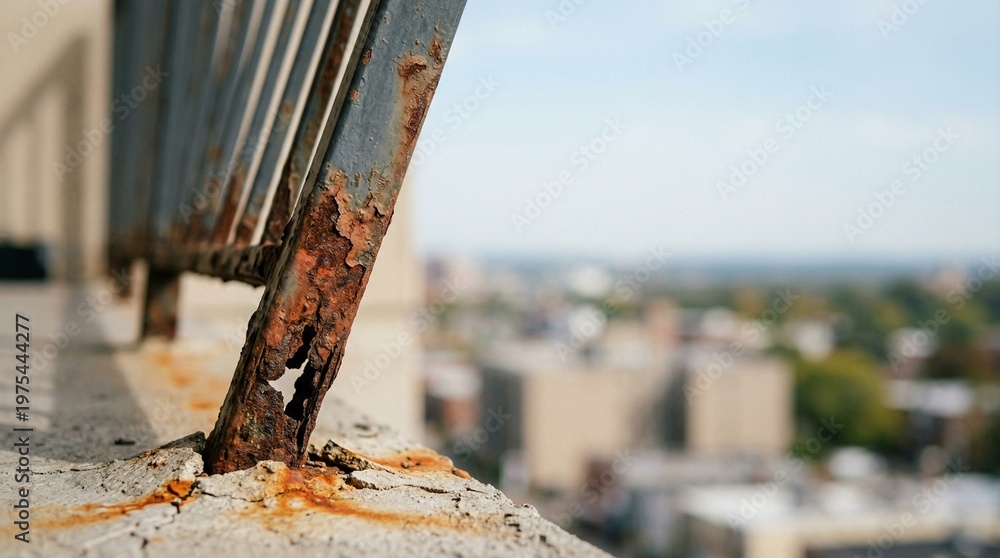 Fototapeta premium Rusted metal railing and urban decay on a high balcony. Featuring corroded iron bars and crumbling concrete with a blurred city skyline background. Showing architectural damage and maintenance risks.