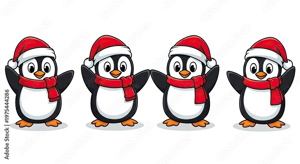 Fototapeta premium Four adorable penguins in santa hats and scarves