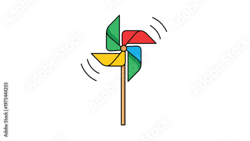 Brightly colored toy pinwheel with green, red, blue, and yellow blades is shown spinning on a wooden stick to represent wind energy.