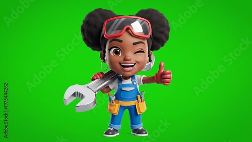 Happy Cartoon Girl Mechanic Waving Tools Chroma Key