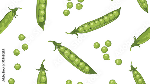 Seamless pattern of green garden pea pods and loose peas is scattered across a white background to represent fresh organic vegetables.