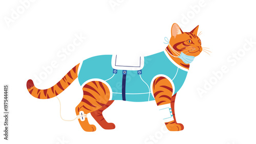 Humorous orange tabby cat is dressed up in medical scrubs, a face mask, and bandages to represent a veterinary clinic or pet doctor.