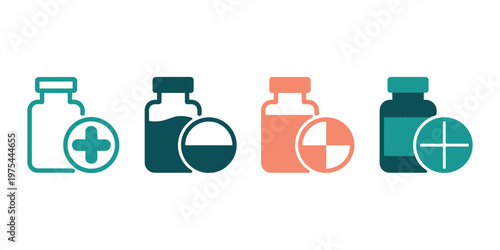 Four medical vial with plus signs and liquid fill bottle health healthcare  in white background