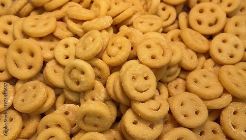A close-up view of a pile of smiley face crackers with a warm golden color