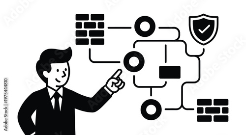 Man explaining complex network security diagram, showing firewalls and data flow, IT infrastructure and cybersecurity concept