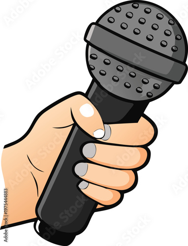 A hand firmly grasping a classic black microphone for performance