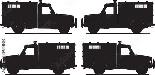 Black silhouette of an armored truck or security vehicle from front side and rear views on white background for security and transport Keywords