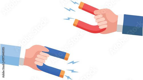 Hands pulling and pushing magnets illustrating attraction and repulsion