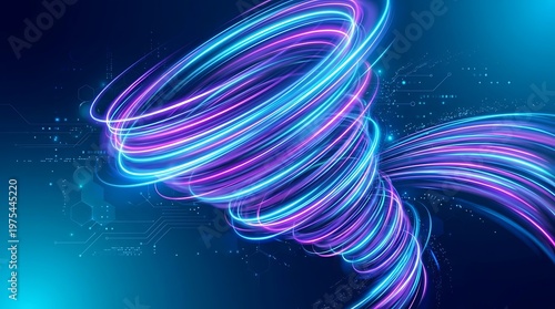 Abstract digital vortex with glowing neon light trails and circuit patterns