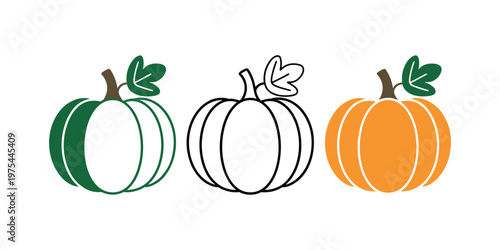 Three pumpkins in green orange and line green pumpkin orange pumpkin line pumpkin vegetables