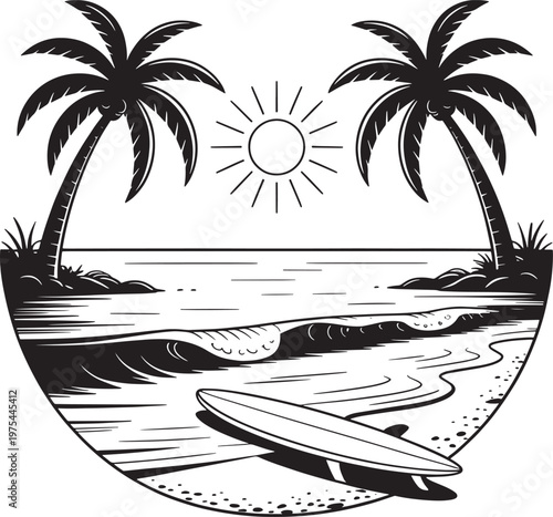 Circular black and white of a tropical beach scene at sunset with two palm trees a surfboard on the sand and gentle waves rolling onto the shore