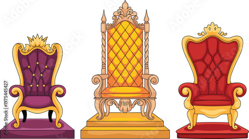 Royal throne chair collection with ornate golden design, king and queen luxury seats, classic vintage furniture vector illustration isolated on white background