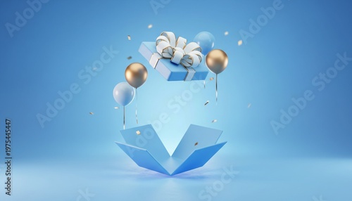 A blue gift box opens with balloons and confetti flying out in a celebratory scene
