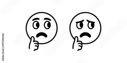 Two thinking face emojis with concerned expressions pointing to their heads black and white simple line worried