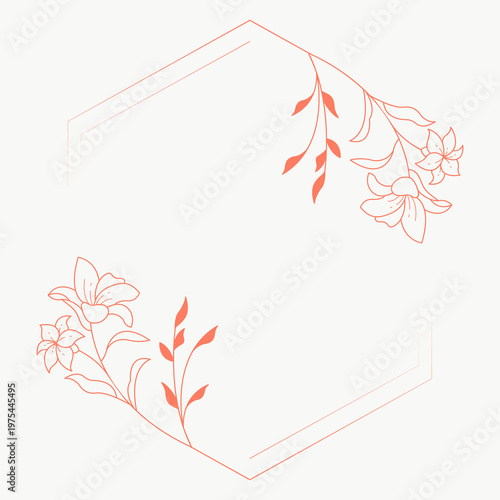 Floral polygon hand drawn style. Floral red frame of twigs, leaves and flowers. Frames for Valentine’s Day, wedding decor, logo and identity template.
