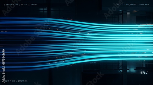 Abstract digital stream of glowing blue light lines in a dark space