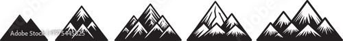 Collection of black silhouette mountain range with varying levels of detail and complexity on a white background Keywords: mountain, mountains