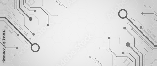 Gray circuit board lines hexagon pattern and microchip icons on white background
