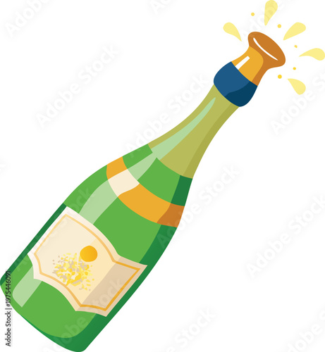 Illustration of a popping champagne bottle with celebratory sparkles