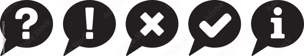 Fototapeta premium Collection of five black speech bubble featuring white question mark exclamation mark cross checkmark and information symbols on a transparent