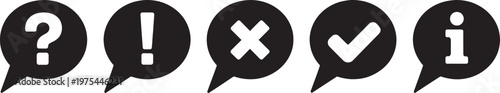 Collection of five black speech bubble featuring white question mark exclamation mark cross checkmark and information symbols on a transparent